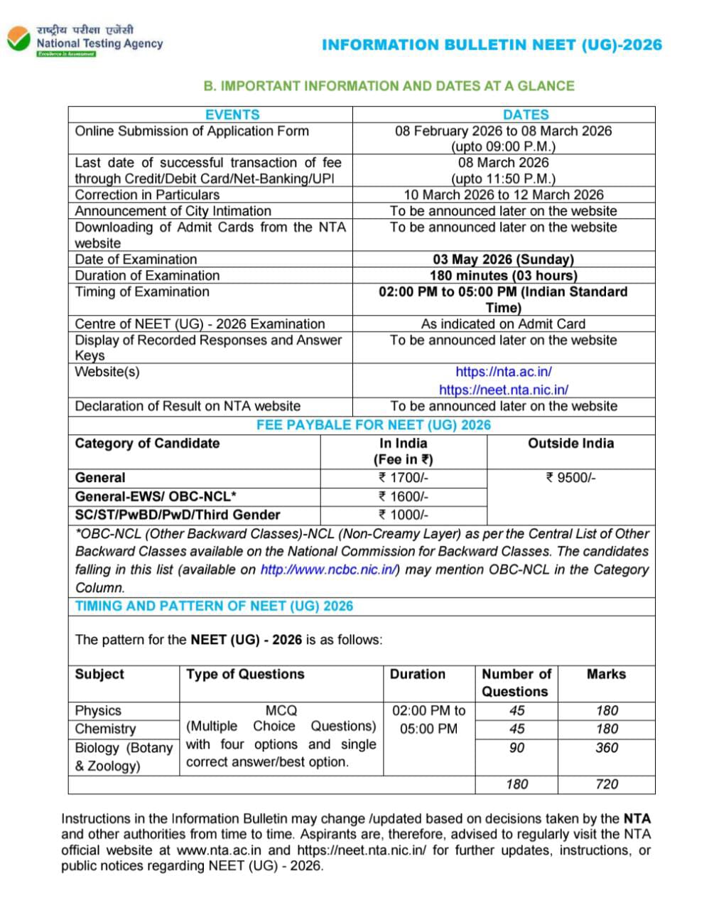 NATIONAL ELIGIBILITY CUM ENTRANCE TEST 2026